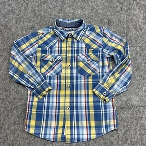 Levis Shirt Boys 6 Medium Blue Yellow Plaid‎ Long Sleeve Western Button Pockets
